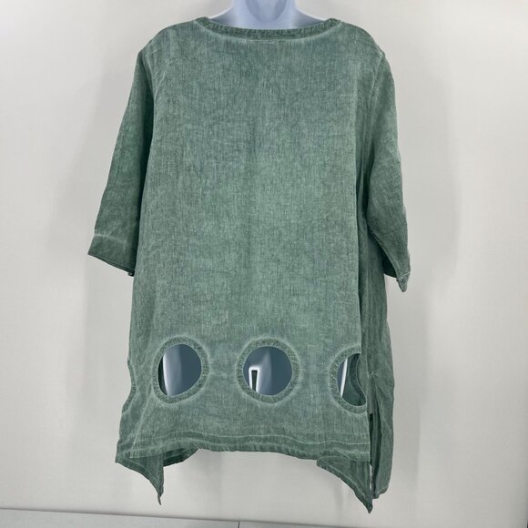 CHEYENNE S/M 100% Linen Tunic Sage Green Circle Cutout Artsy Lagenlook Top - Picture 3 of 11